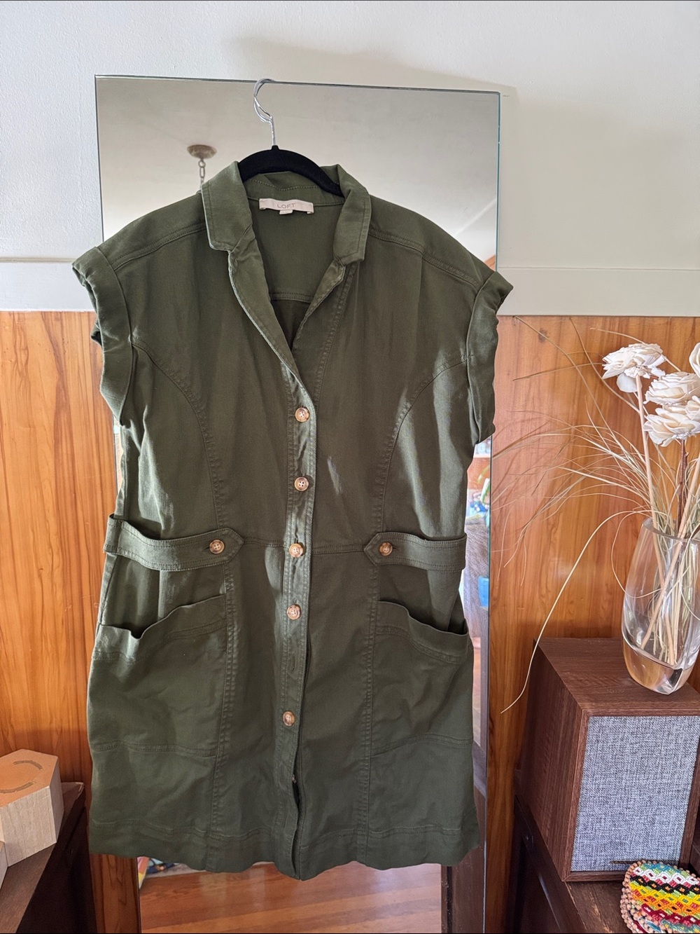 LOFT Olive Green Button-Front Utility Dress